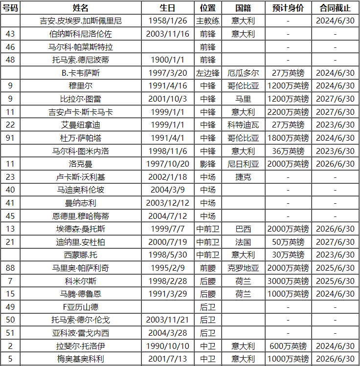 亚特兰大:2023-24赛季意大利甲级联赛亚特兰大队队员号码及阵容名单