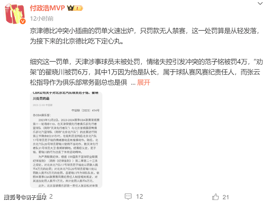 CBA:罚款11万CBA！罚款2万！CBA连开4张罚单 媒体人：教练对裁判多有不满